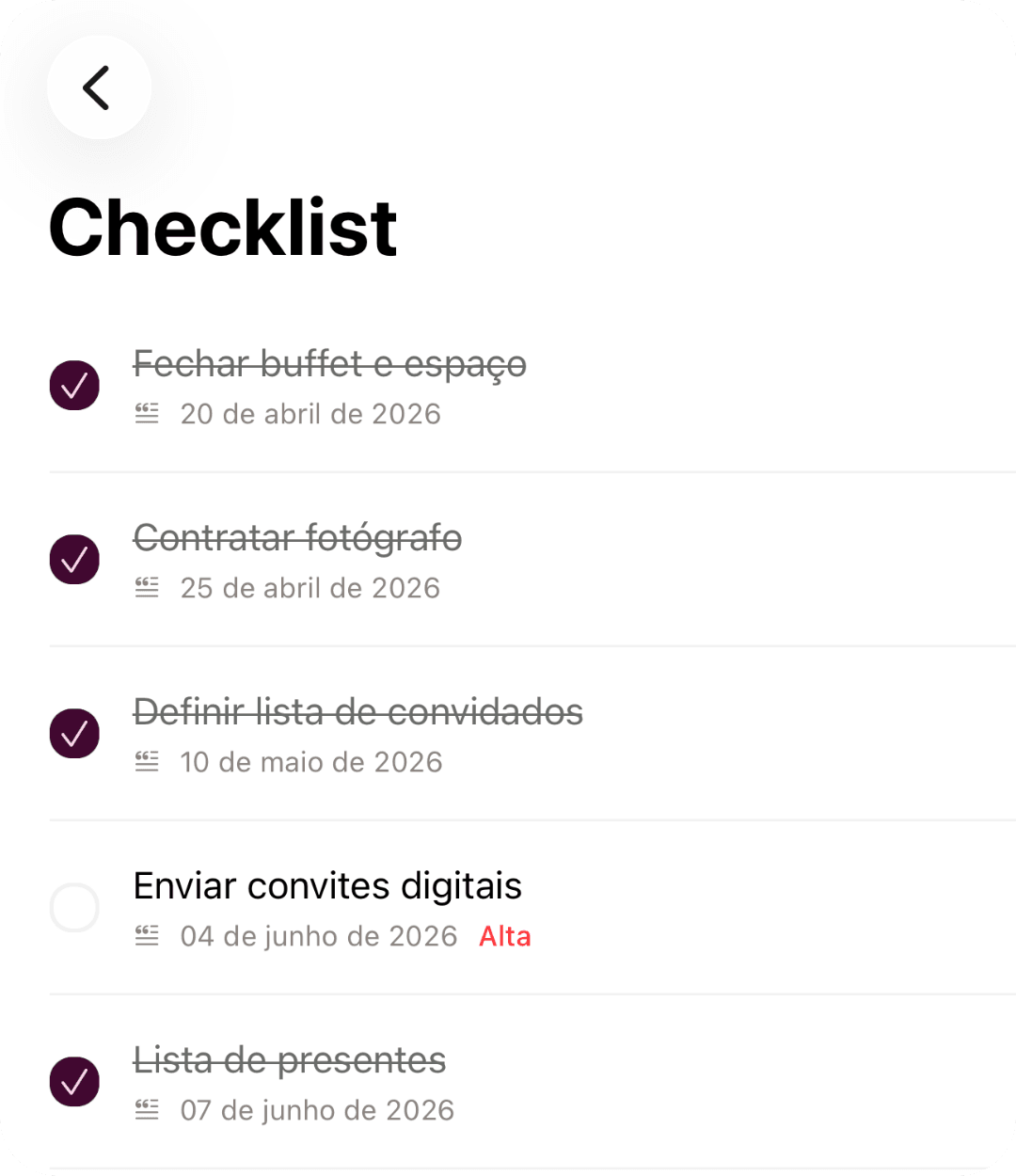 Checklist de tarefas do evento no app Uma Festa com prazos e prioridades